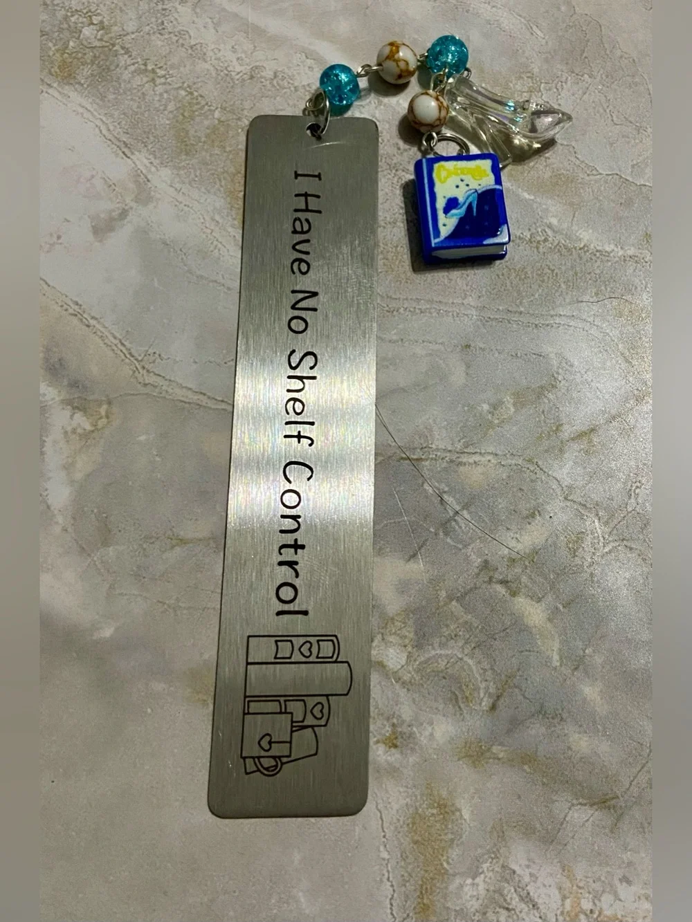 Hand Crafted Silver Metal Bookmark with Blue Bead and Book Charm